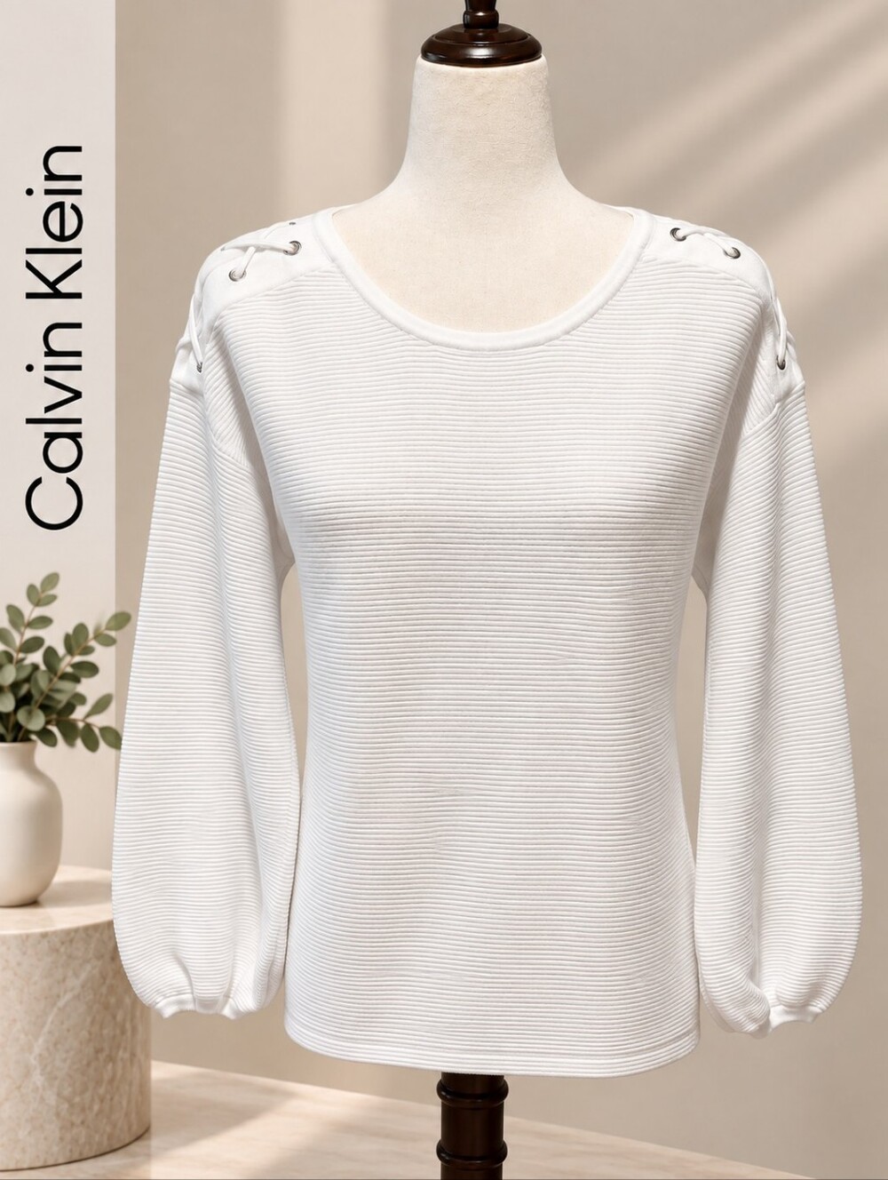 Calvin Klein White 100% Cotton Ribbed Lace-Up Shoulder Top